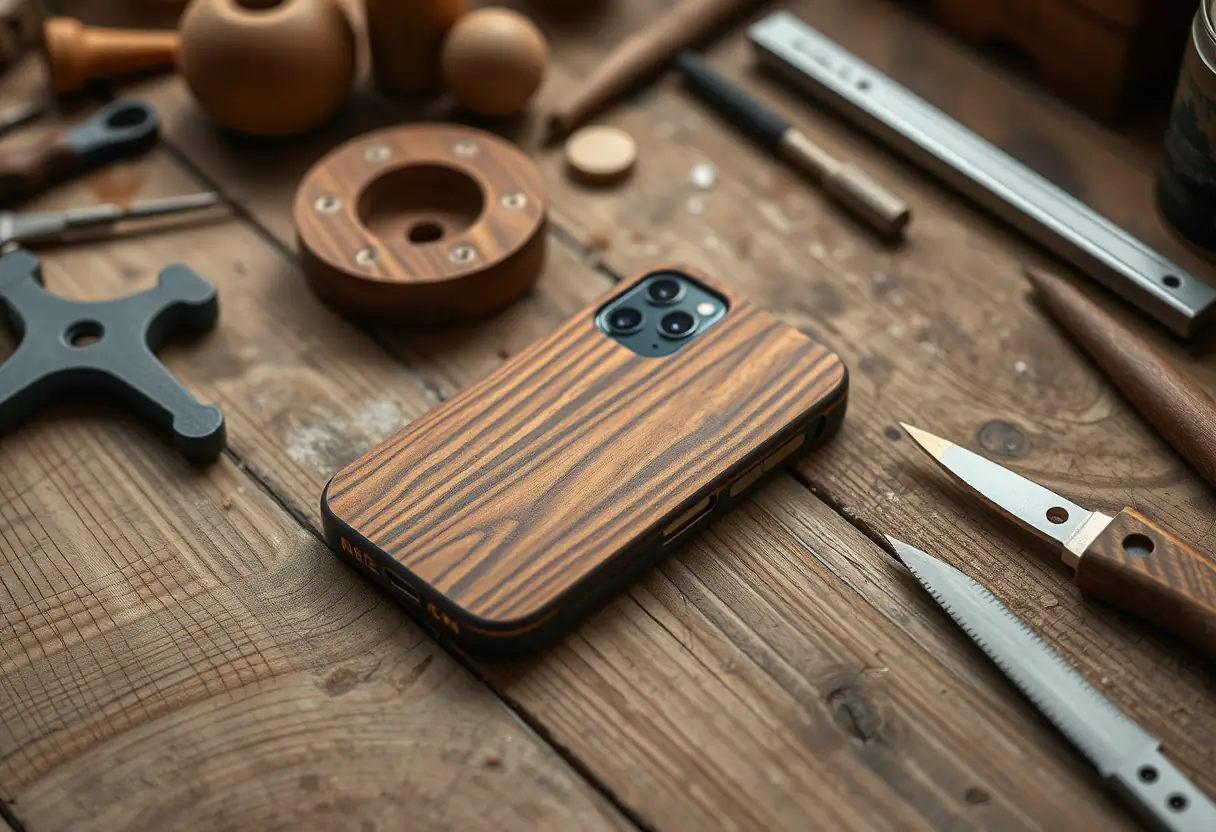 Une coque en bois pour un iPhone 16 posée sur une table rustique, entourée d'outils et de matériaux utilisés pour la personnalisation