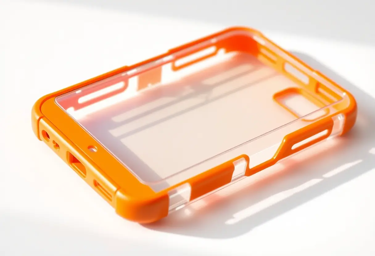 Un étui hybride orange avec une couche extérieure claire et une couche intérieure rigide, soulignant son système de protection double couche