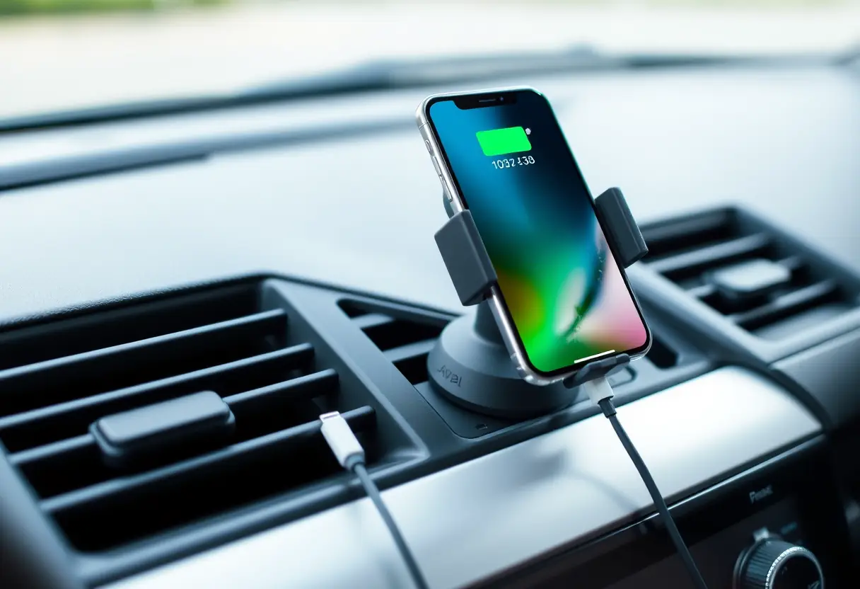 Un chargeur portable branché sur un support de tableau de bord pour iPhone