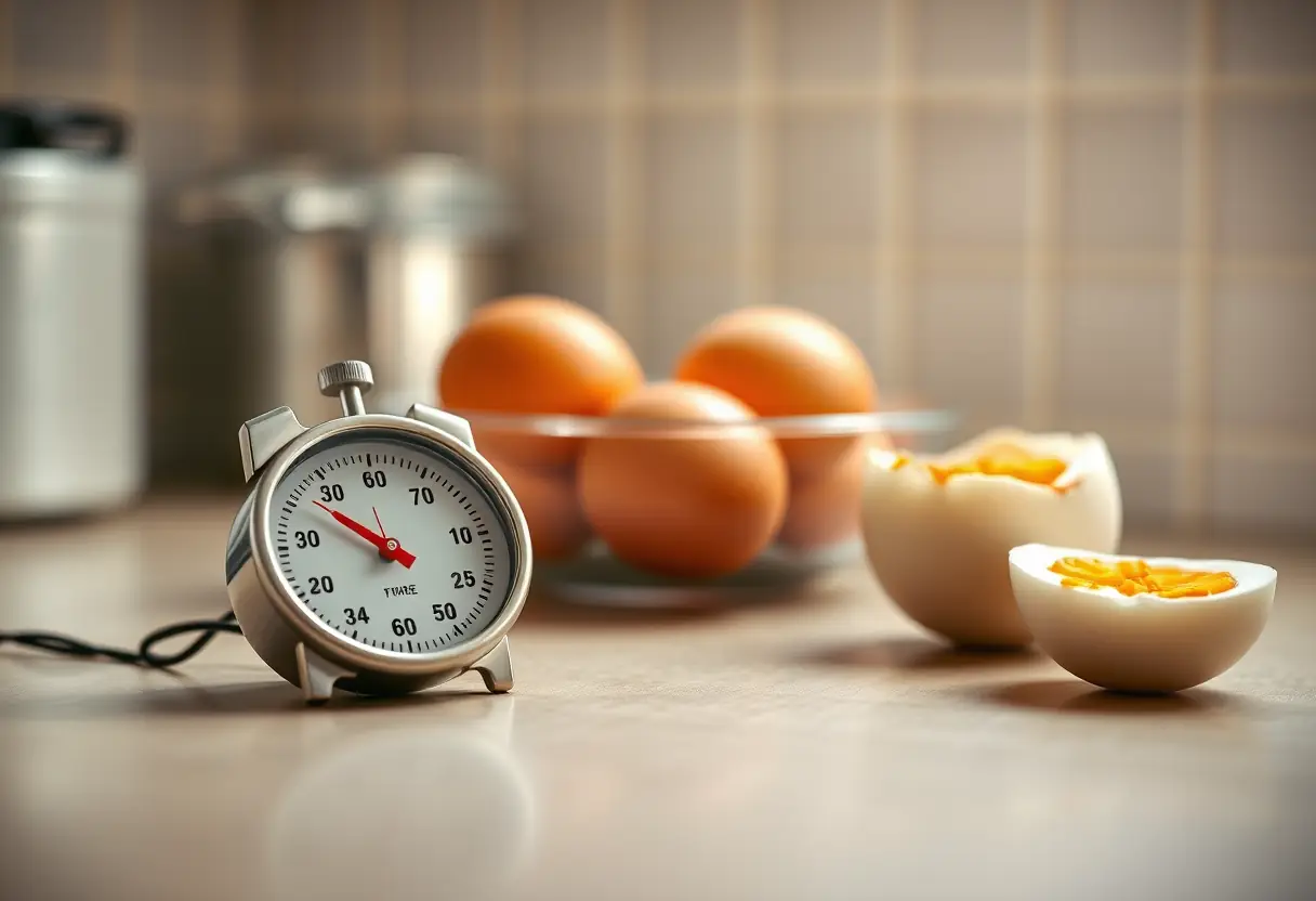 Un minuteur à côté d'œufs cuits dans une cuisine bien éclairée