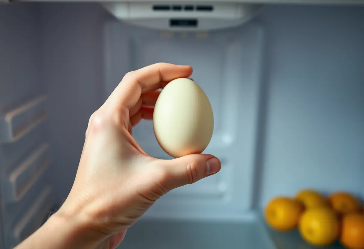 Une main tenant un oeuf moyen fraîchement sorti du réfrigérateur pour mesurer sa température initiale