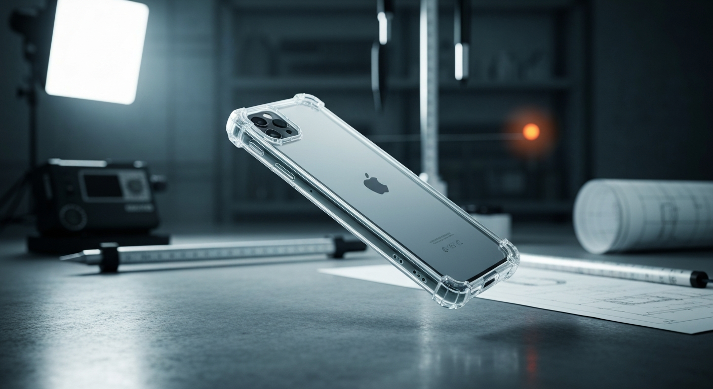 Smartphone protégé saisi en plein vol au-dessus d'un sol de laboratoire